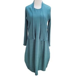 Fenini Dress Set Cardigan NWT Ribbed Knit Teal Matching Outfit Artistic XS/Small